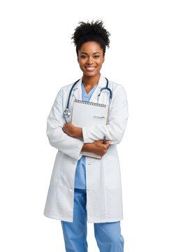 A smiling female medical professional wearing a white lab coat and blue scrubs holding a tablet isolated on transparent background