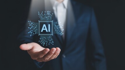 Businessman presenting a glowing artificial intelligence processor chip in his hand