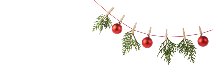 Christmas garland with ornaments and cedar branches isolated on transparent background