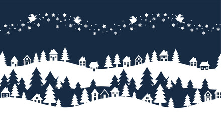 Minimalist winter village illustration with snowy hills and festive celestial elements for holiday season background design