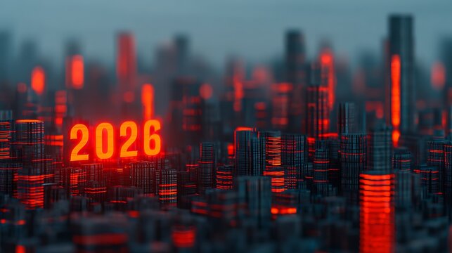 A futuristic cityscape featuring illuminated skyscrapers with the year "2026" prominently displayed in glowing numbers.