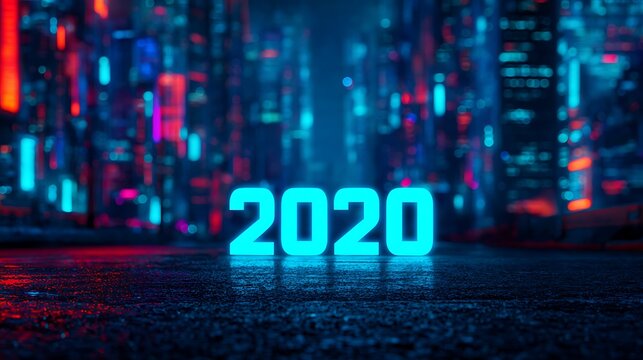 A neon-lit cityscape featuring the year "2020" prominently displayed in glowing blue numbers against a backdrop of vibrant lights.