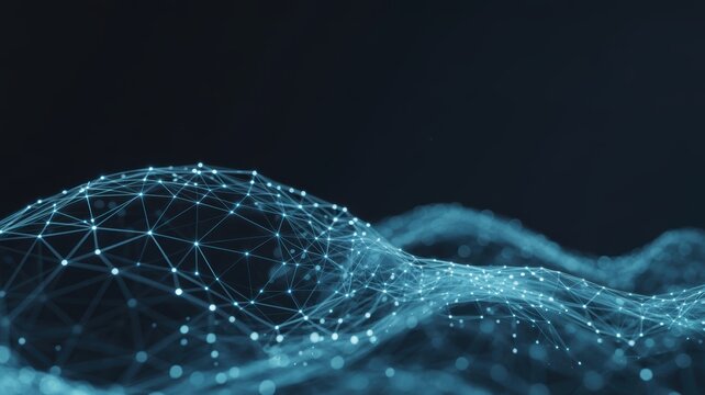 Digital data network visualization with glowing lines and interconnected dots on dark background