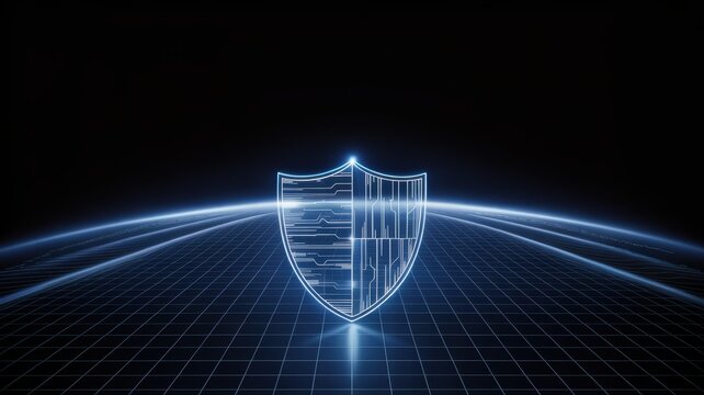 Digital shield icon with glowing blue circuitry on a futuristic dark grid background