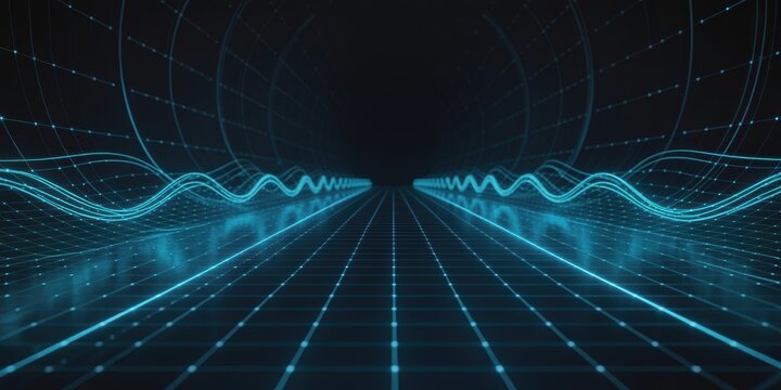 Dynamic blue light waves on a vanishing grid representing digital information - Powered by Adobe