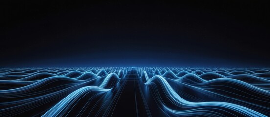 Futuristic blue glowing waves forming a digital terrain on a dark technology background.