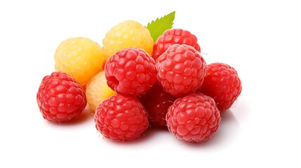 Fresh raspberries, both red and golden, piled high and ready to eat, creating a sweet and juicy temptation for a healthy summer snack