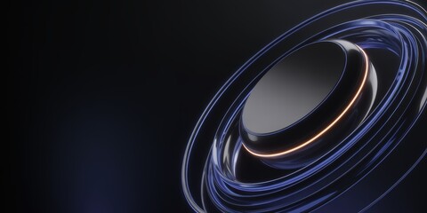 Futuristic dark metallic disc surrounded by swirling blue rings and glowing orange light