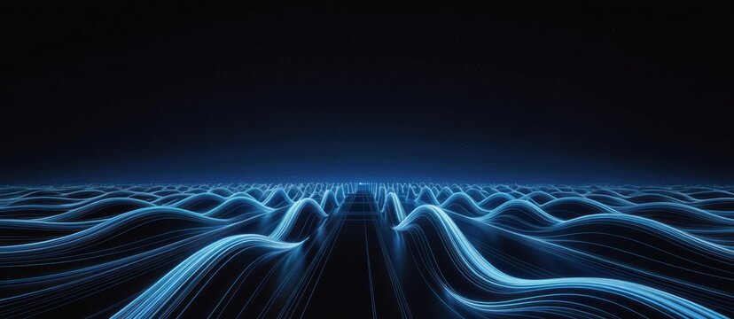 Futuristic blue glowing waves forming a digital terrain on a dark technology background.