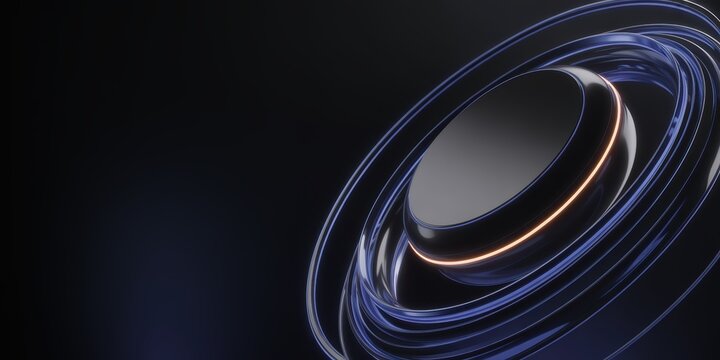 Futuristic dark metallic disc surrounded by swirling blue rings and glowing orange light
