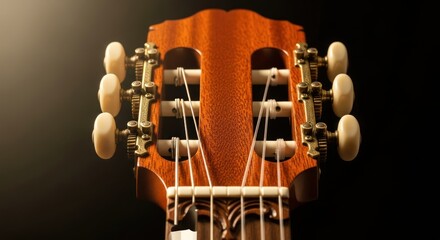 Closeup of a classical guitar headstock with tuning pegs and strings