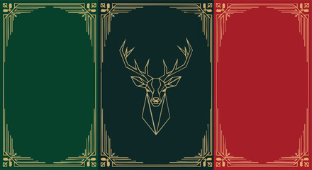 Geometric deer head with elegant decorative frames on a tri-color background ideal for festive design templates