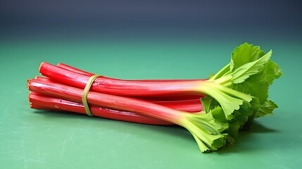 Fresh rhubarb stalks with vibrant red color and green leaves ready for delicious pies, jams, and desserts on bright table background