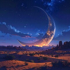 Dreamy landscape view under a giant crescent moon in a desert with mountains and a night sky