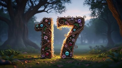 Ornate number seventeen with floral and jewel embellishments in a mystical forest setting creating a magical and enchanting atmosphere for fantasy themes