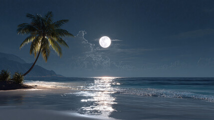 A serene moonlit beach scene with a palm tree and the ocean, with the moon reflected on the water