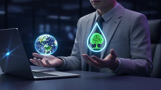 A businessman holding a glowing earth globe and water droplet holograms showing balance in energy and water nexus and sustainable development planning