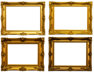 Four ornate golden frames, 2x2 grid, empty white space, dark back