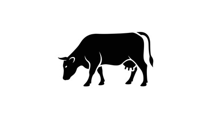 Silhouette of a Grazing Cow on White Background.