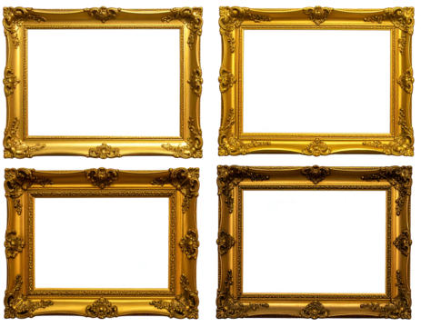 Four ornate golden frames, 2x2 grid, empty white space, dark back - Powered by Adobe