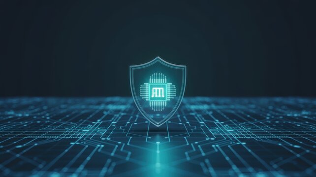 Glowing blue security shield with microchip symbol on a futuristic circuit board