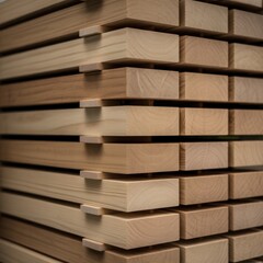 Close up of stacked light brown and tan wooden planks with visible grain lumber timber