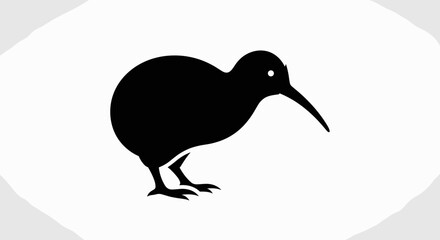 Silhouette of a Kiwi Bird Standing on White Background.