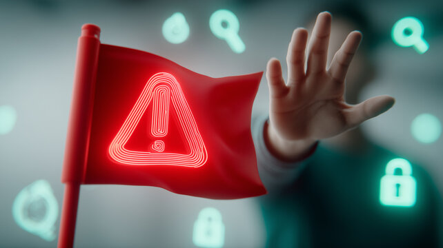 Cyber risk awareness depicted by a raised hand stopping a warning icon flag representing caution, digital threat detection and responsible online behavior.
 - Powered by Adobe