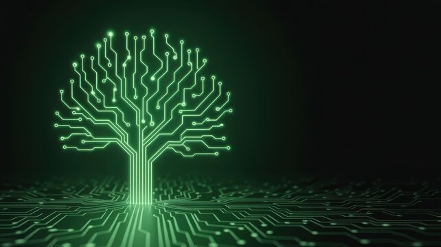 Glowing green circuit board tree symbolizing digital growth and environmental technology - Powered by Adobe