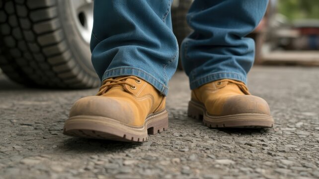 Close up of worker boots and blue jeans on asphalt with tire tread footwear shoes