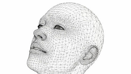 Wireframe human head looking up, digital art concept.