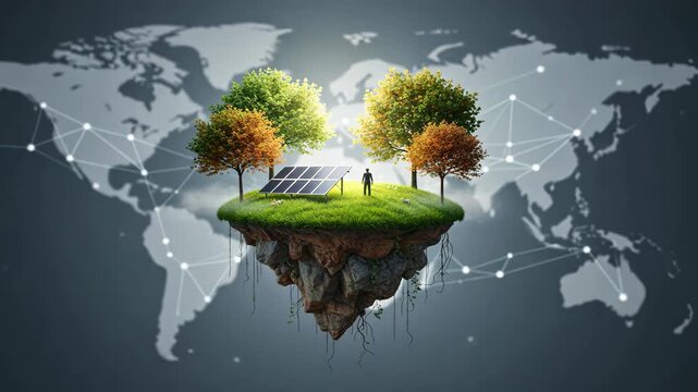 A floating island with a person standing around solar panels and trees over a digital map symbolizing renewable energy siting and sustainable development planning