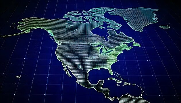 Digital rendering of the North American continent rendered with a grid and dot matrix effect against a blue background