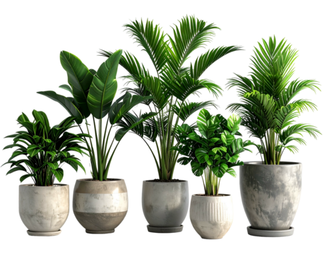 Lush green potted plants in grey textured pots on a dark background