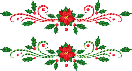 Christmas borders with candy canes and poinsettia. Winter holiday dividers. Vector isolated decorations 