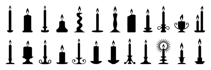 Candle silhouette set featuring religious symbols, commemorative elements, and party designs, perfect for spiritual artwork, celebration graphics, memorial projects, decorative illustrations, and vers