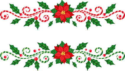 Christmas borders with candy canes and poinsettia. Winter holiday dividers. Vector isolated decorations 