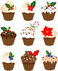 Christmas muffins. Collection of holiday cupcakes