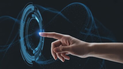 Human hand touching glowing blue futuristic interface, symbolizing future technology.