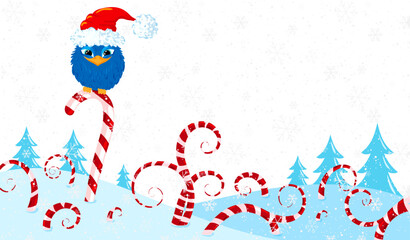 Christmas border with bird, cany cane and other winter elements.