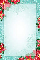 Christmas frame from poinsettia and snowflakes. Winter holiday background from ornamental decoration elements