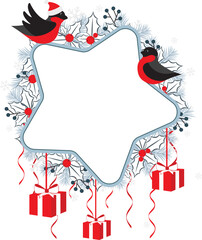 Christmas frame from fir branches, birds with gift and holly berry decorations