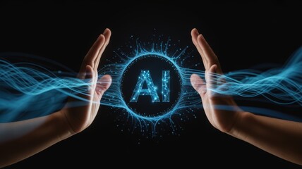 Human hands protecting a glowing digital symbol representing machine learning technology