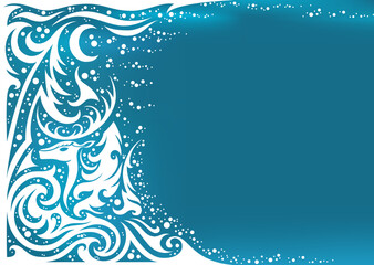 Winter and Christmas background. Vector illustration of winter forest with ornamental deer.
