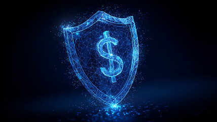 A digital shield with a dollar symbol representing financial protection and the conceptual safeguarding of monetary assets within secure technological systems.
