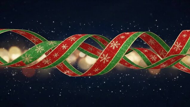 Festive ribbons swirling in the air, creating a Christmas atmosphere with snowflake patterns and soft bokeh lights in the background. The ribbons exude elegance and joy.