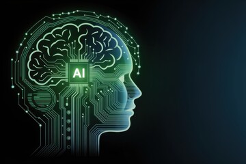 Human head profile with glowing processor chip and circuit board patterns representing intelligence