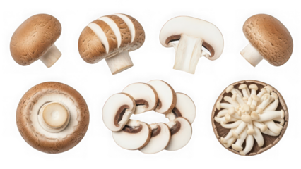 Variety of mushrooms, whole, sliced, and grouped for healthy food photography