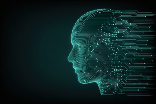 Human head profile rendered with circuit board lines representing artificial intelligence - Powered by Adobe