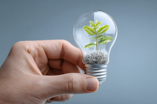 human hand holding a light bulb with a plant sprout inside. Concept of green energy saving, renewable and recycling. Ecology behavior for global warming.